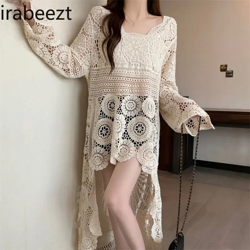 Plus Size Women's Clothing 2025 Summer Bohemian Hook Flower Hollow Front Short Back Long Knitted Cardigan Dress Korean Version