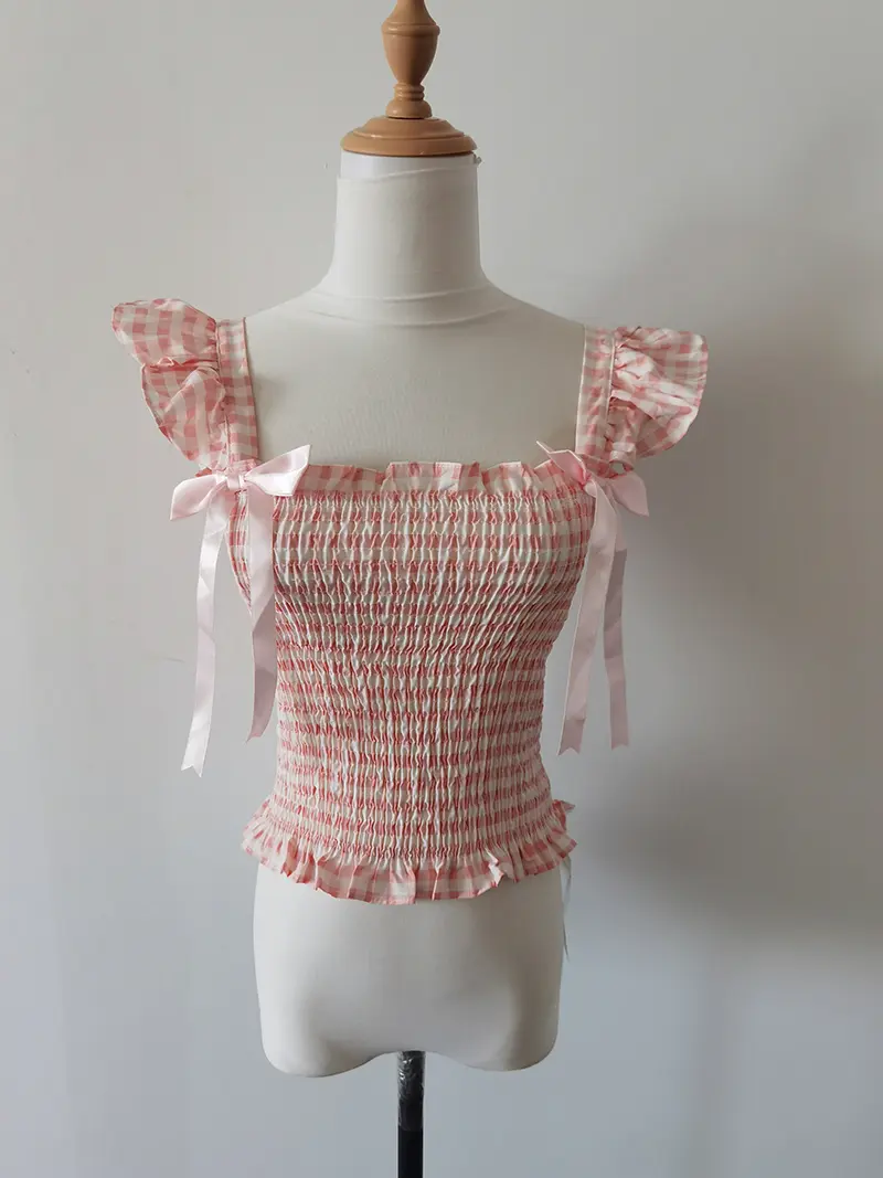 Summer Sweet Bow Girl Pink Plaid Lotus Short Sleeve Vest Stretch Slim Top Slim Fit  Blusa Feminina Plaid Casual Blouse Women