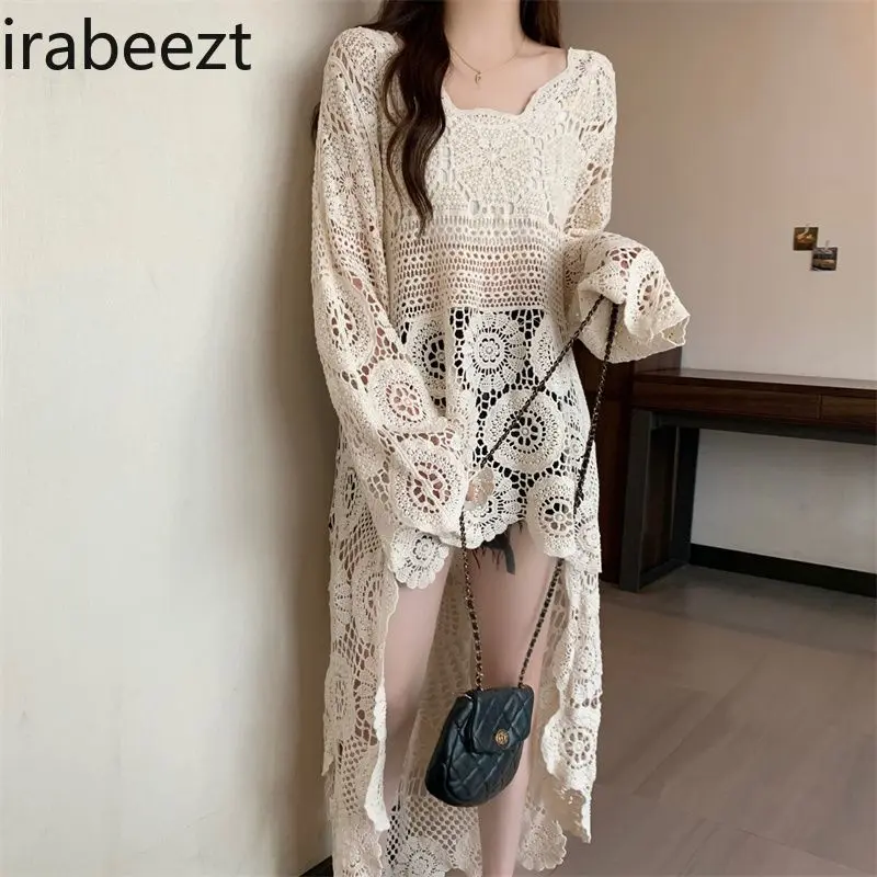 Plus Size Women's Clothing 2025 Summer Bohemian Hook Flower Hollow Front Short Back Long Knitted Cardigan Dress Korean Version
