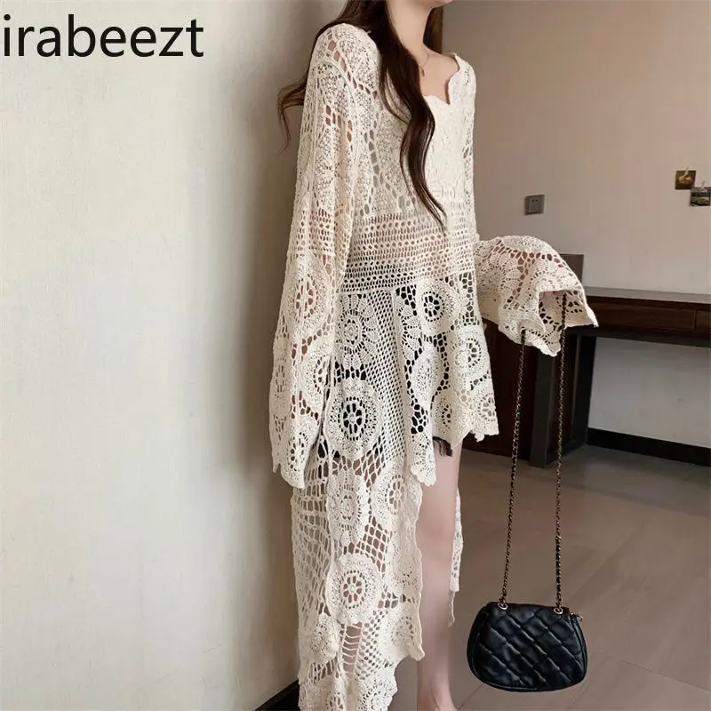 Plus Size Women's Clothing 2025 Summer Bohemian Hook Flower Hollow Front Short Back Long Knitted Cardigan Dress Korean Version