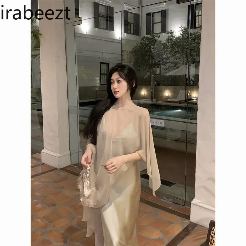 Women Clothing Asymmetric Tulle Cape with A Loose Crew Neck and Sun Protection Coat Loose Fit Summer Solid Color Smock Top