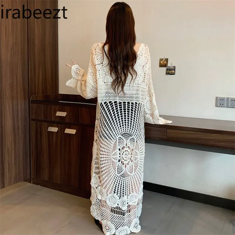 Plus Size Women's Clothing 2025 Summer Bohemian Hook Flower Hollow Front Short Back Long Knitted Cardigan Dress Korean Version