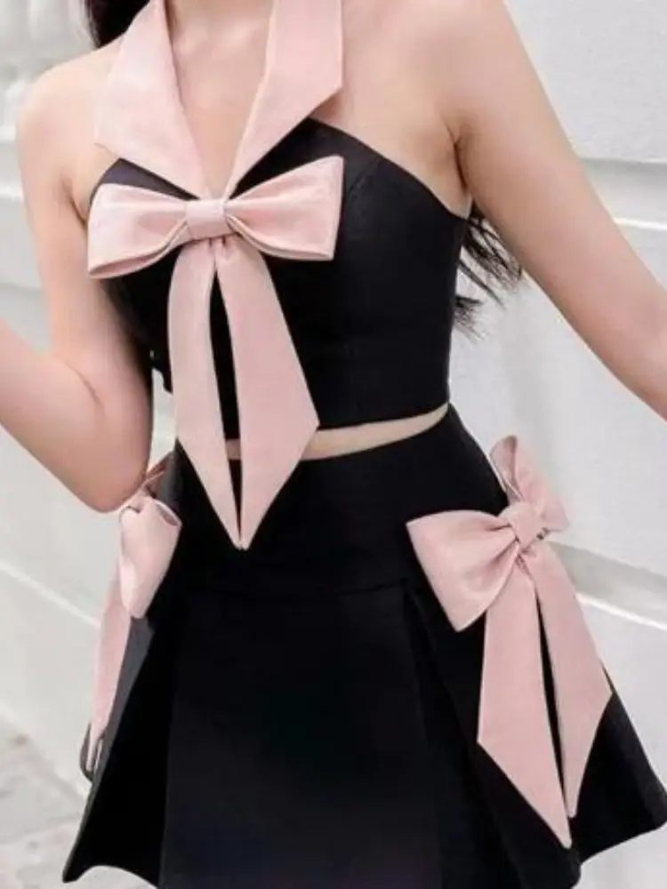 High-grade Two-piece Set of Women's Summer Elegant Bow Sleeveless Top Skirt Two-piece Set Conjunto Moletom Feminino