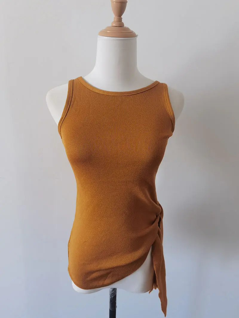 Popular Dopamine Orange Knitted Camisole for Women Summer Wear Irregular Waist Straps Hot Girl Split Sleeveless Top