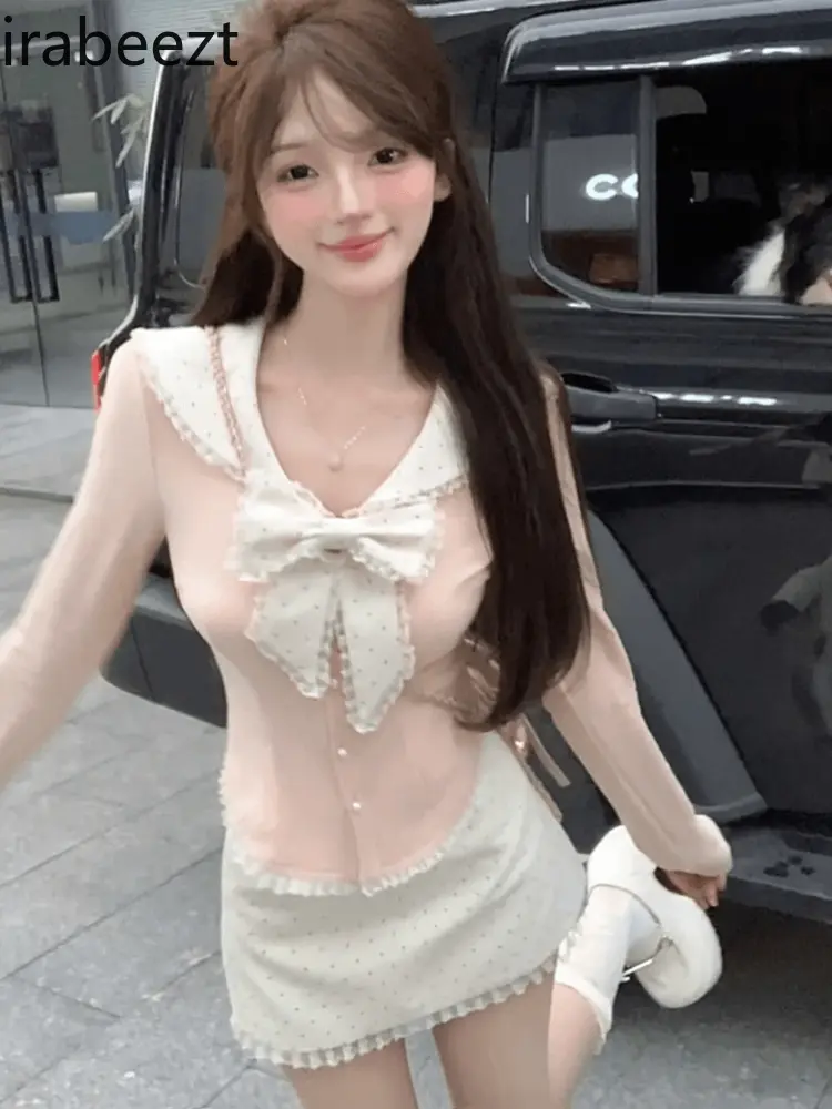 2024 Sexy Bow Design Slim Long Sleeve Top Short Half Skirt Two Pieces Sets Mainland China Summer Blazer Women Faldas