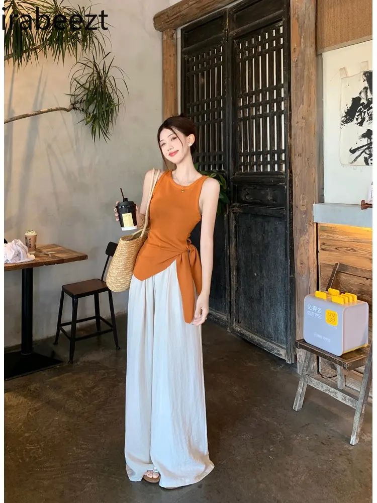 Popular Dopamine Orange Knitted Camisole for Women Summer Wear Irregular Waist Straps Hot Girl Split Sleeveless Top