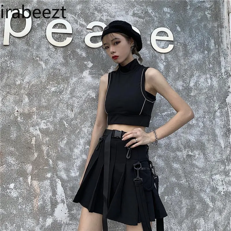 Black Culottes Female Summer Harajuku Style Super Hot Sale Female High Waist Pleated A-line Skirt Regulai Fit Black Skirt