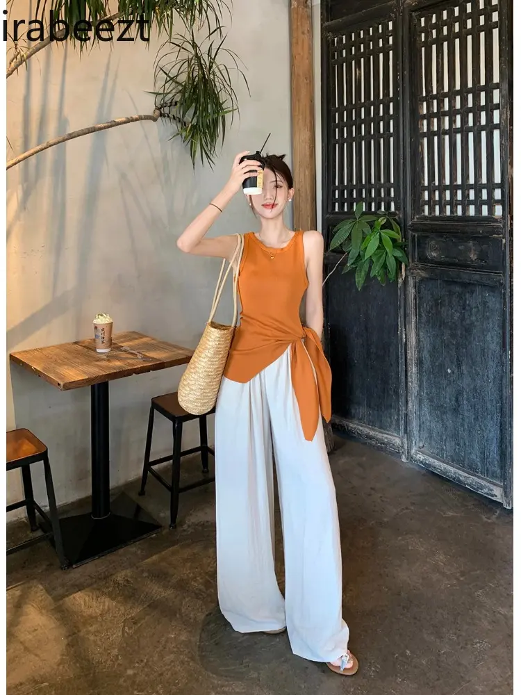 Popular Dopamine Orange Knitted Camisole for Women Summer Wear Irregular Waist Straps Hot Girl Split Sleeveless Top
