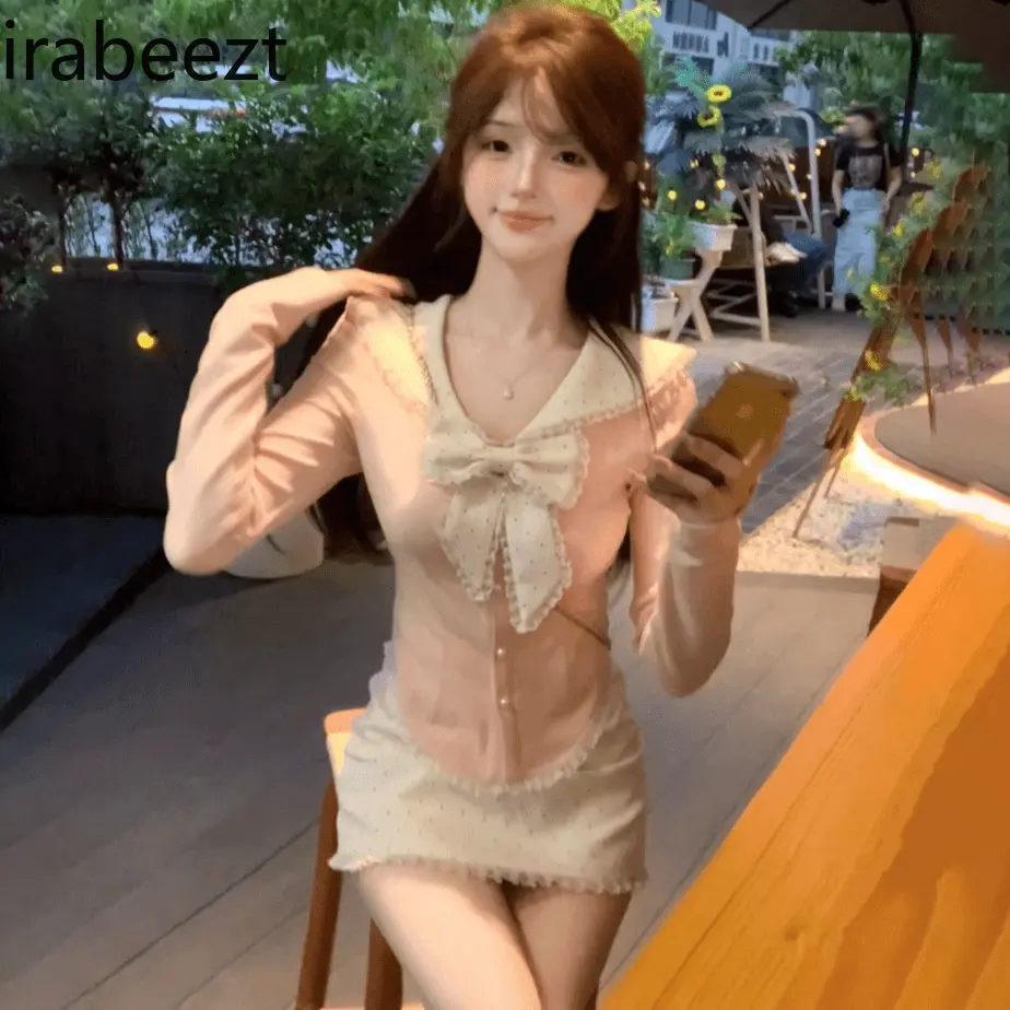 2024 Sexy Bow Design Slim Long Sleeve Top Short Half Skirt Two Pieces Sets Mainland China Summer Blazer Women Faldas