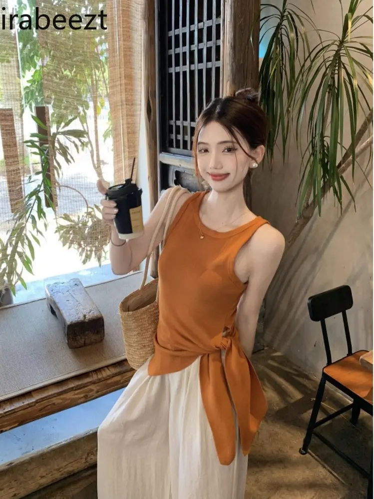 Popular Dopamine Orange Knitted Camisole for Women Summer Wear Irregular Waist Straps Hot Girl Split Sleeveless Top