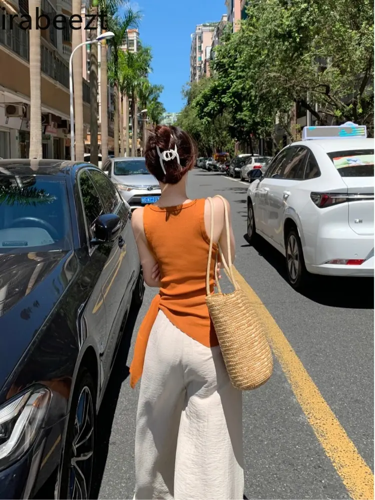 Popular Dopamine Orange Knitted Camisole for Women Summer Wear Irregular Waist Straps Hot Girl Split Sleeveless Top