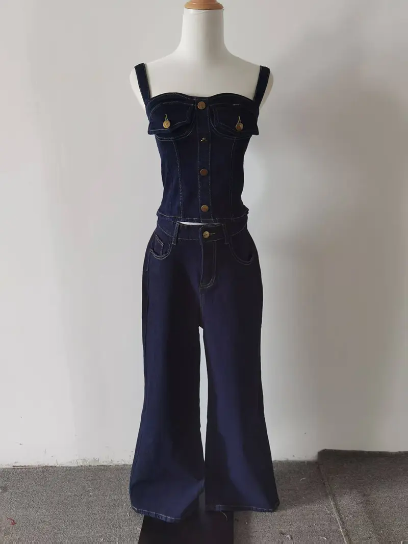 Roupas Femininas Conjuntos Sexy Retro Hot Girl Denim Set Female Summer New Waist Tube Top High Waist Jeans Two Piece Suit
