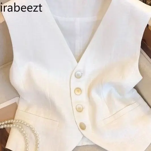 Elegant White Linen Vest Women's French Sleeveless Waistcoat Summer Short Casual Blazer Chic Top Casaco Feminino