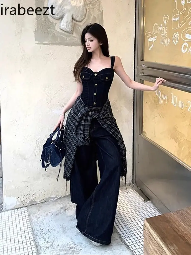 Roupas Femininas Conjuntos Sexy Retro Hot Girl Denim Set Female Summer New Waist Tube Top High Waist Jeans Two Piece Suit