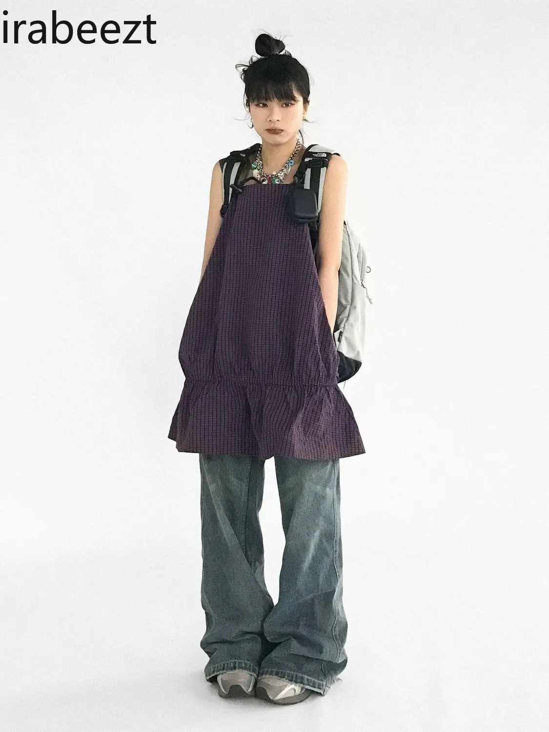 Design Girl Sweet Cool Niche Simple Commuter Style Ruffled Square Neck Suspenders Robe Sleeveless Wrinkle Chic Summer Dress