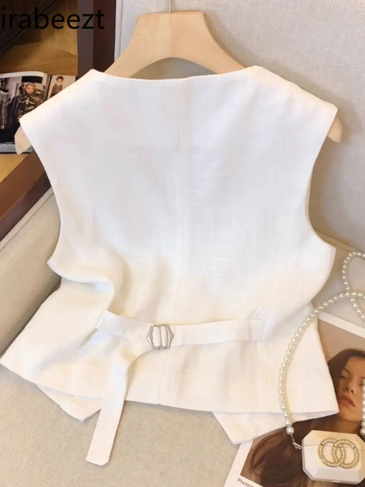 Elegant White Linen Vest Women's French Sleeveless Waistcoat Summer Short Casual Blazer Chic Top Casaco Feminino