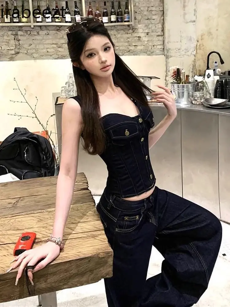Roupas Femininas Conjuntos Sexy Retro Hot Girl Denim Set Female Summer New Waist Tube Top High Waist Jeans Two Piece Suit