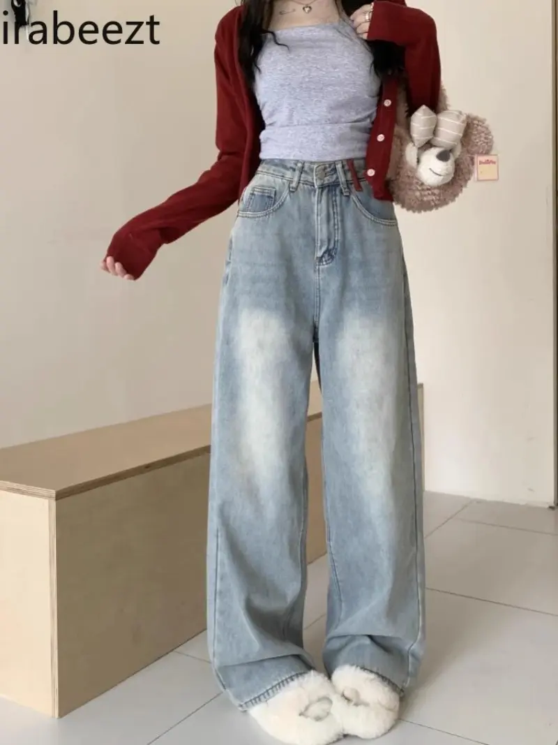 Design Sense Embroidery High-waisted Jeans Women's Denim Pants Spring 2024 Vintage Straight Wide Leg Long Pants Streetwear