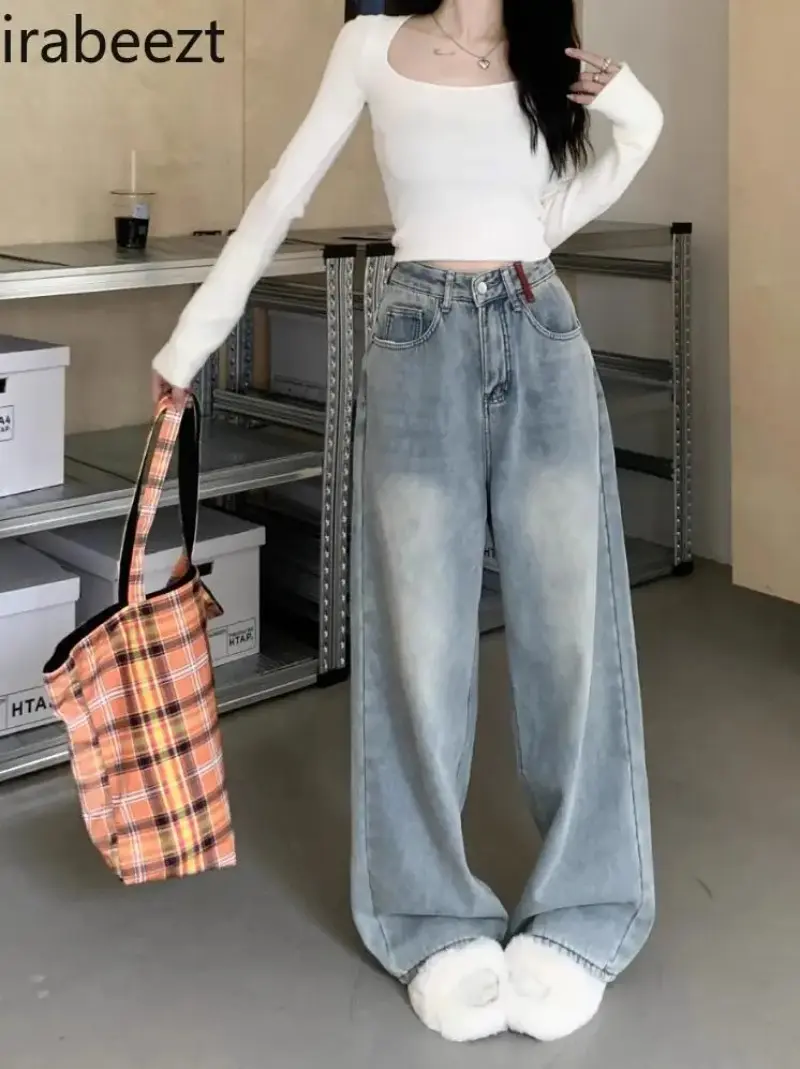 Design Sense Embroidery High-waisted Jeans Women's Denim Pants Spring 2024 Vintage Straight Wide Leg Long Pants Streetwear