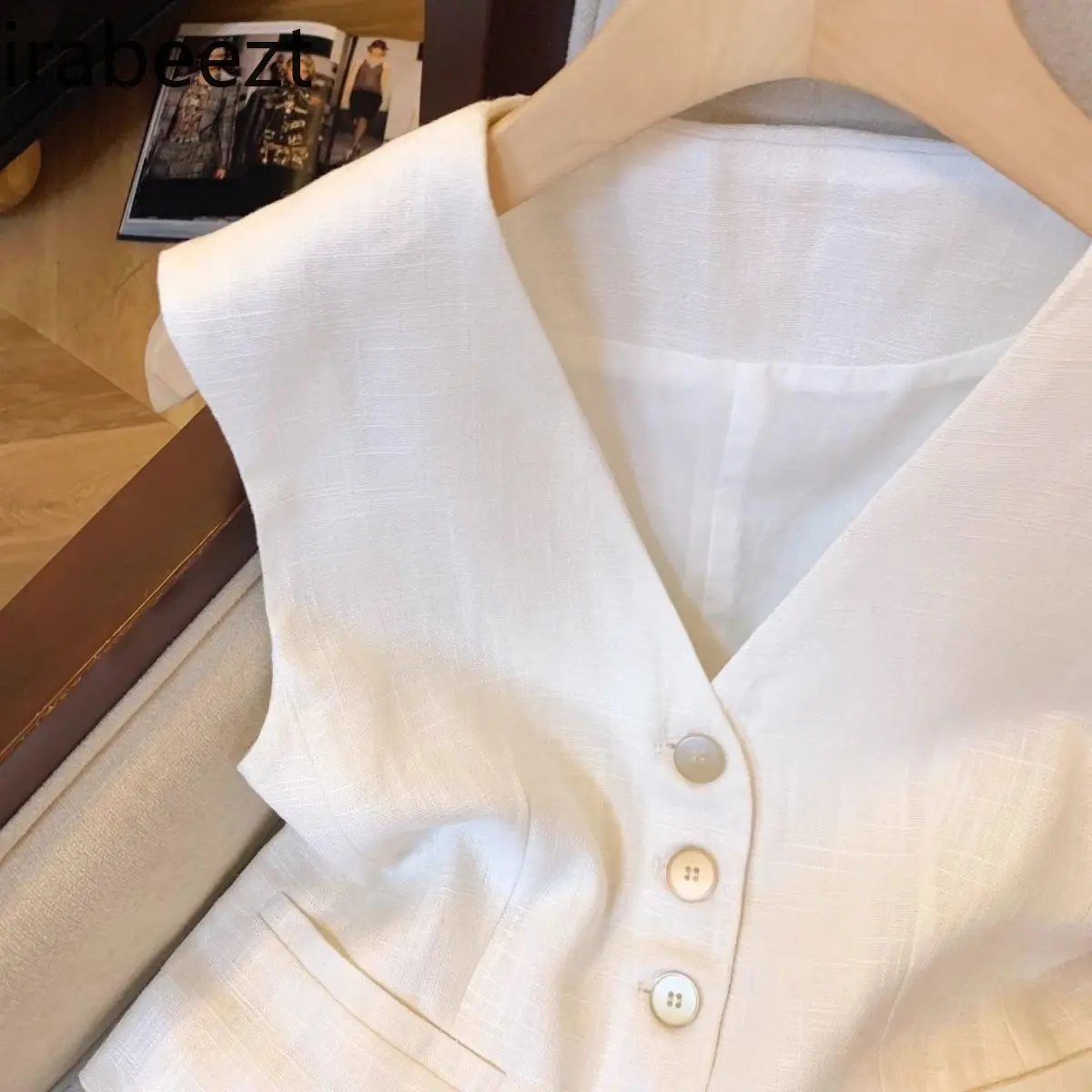 Elegant White Linen Vest Women's French Sleeveless Waistcoat Summer Short Casual Blazer Chic Top Casaco Feminino