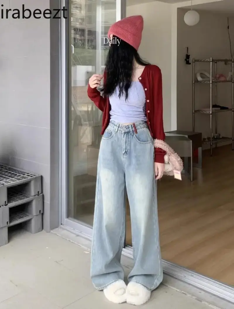 Design Sense Embroidery High-waisted Jeans Women's Denim Pants Spring 2024 Vintage Straight Wide Leg Long Pants Streetwear