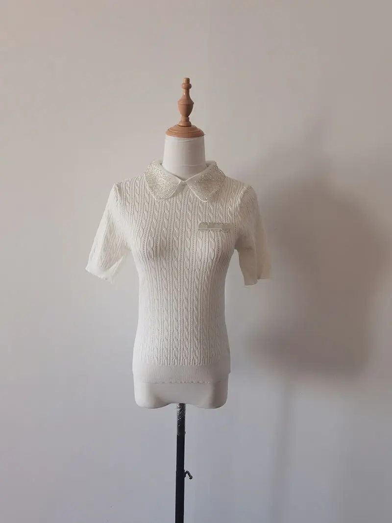 Summer Sweet and Age-reducing Versatile Design Neckline Super Beading Sweet Lapel Slim Knitted Short Sleeves Shirt for Women