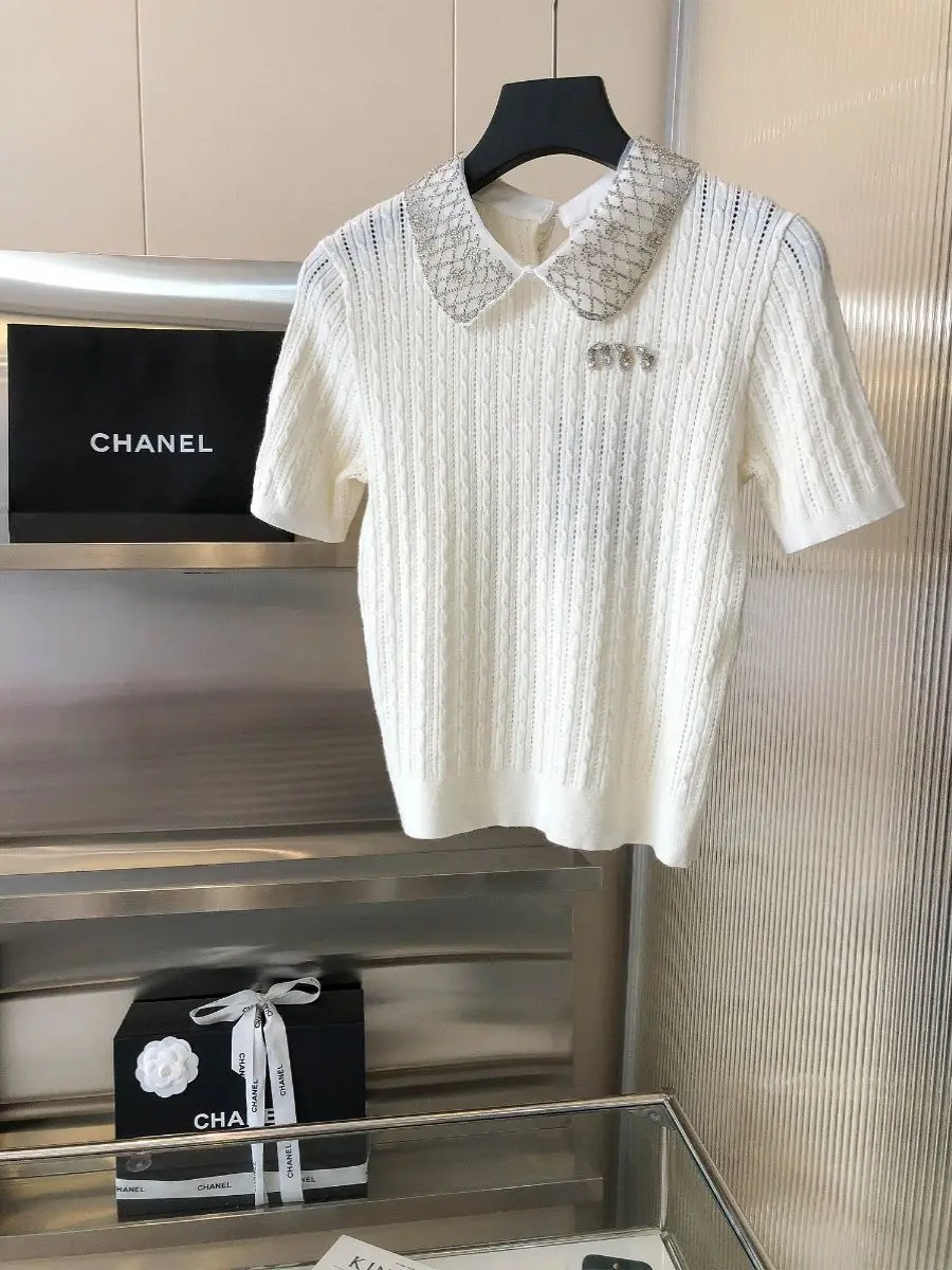 Summer Sweet and Age-reducing Versatile Design Neckline Super Beading Sweet Lapel Slim Knitted Short Sleeves Shirt for Women