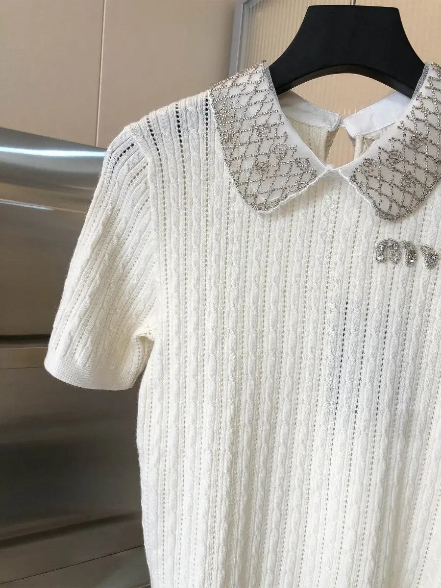 Summer Sweet and Age-reducing Versatile Design Neckline Super Beading Sweet Lapel Slim Knitted Short Sleeves Shirt for Women