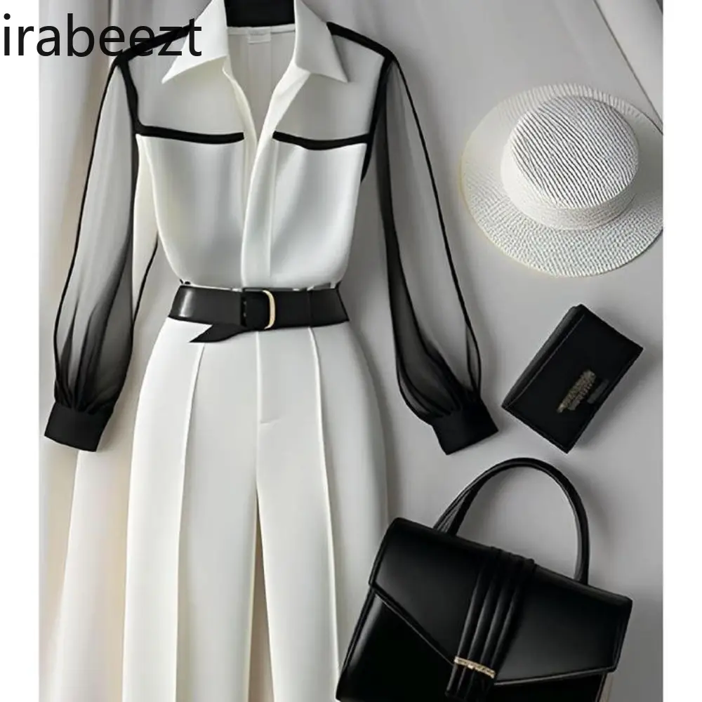 High-end White Shirt Paired with Trousers Slight Strech Ensemble Femme 2 Pièces Été Conjuntos Mujer Dos Piezas De Vestir