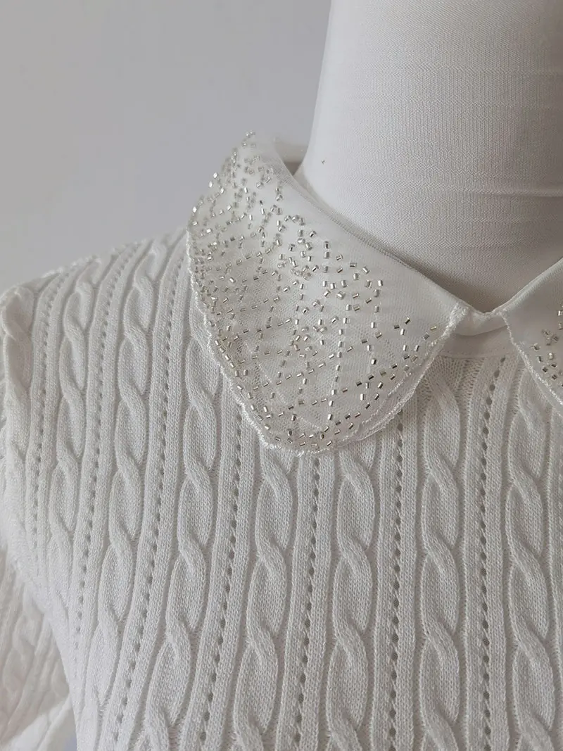 Summer Sweet and Age-reducing Versatile Design Neckline Super Beading Sweet Lapel Slim Knitted Short Sleeves Shirt for Women