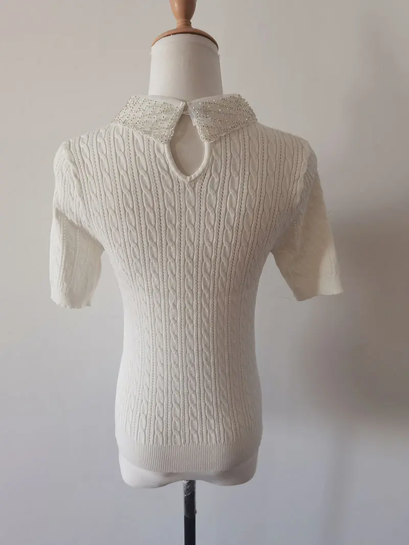 Summer Sweet and Age-reducing Versatile Design Neckline Super Beading Sweet Lapel Slim Knitted Short Sleeves Shirt for Women