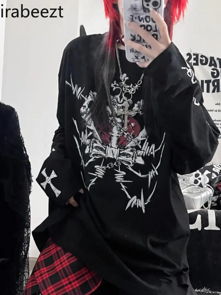 Skull Print Subculture Dark Punk Top Loose Bf Style Long Sleeve T-shirt Autumn Feminist Clothes Mainland China Футболка Смешная