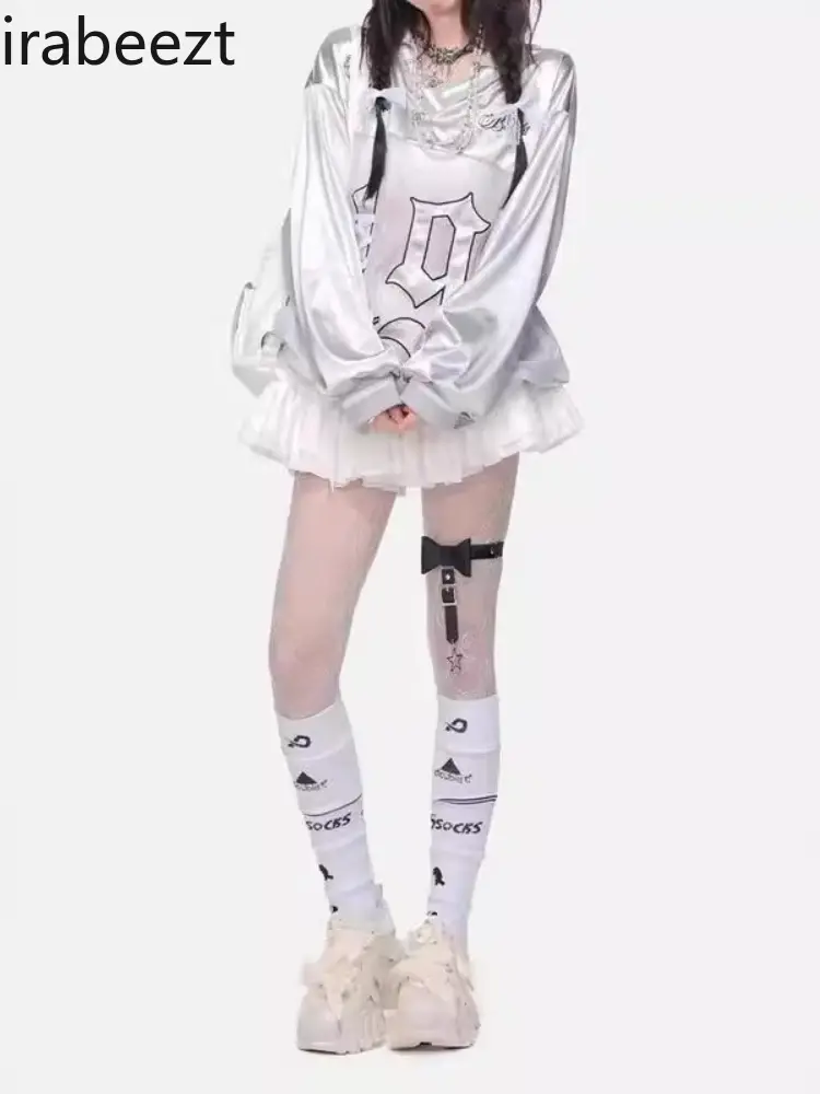 European and American Subculture Punk Embroidered Lace-up Long-sleeved T-shirt Personalized Street Hot Girl V-neck Loose Top