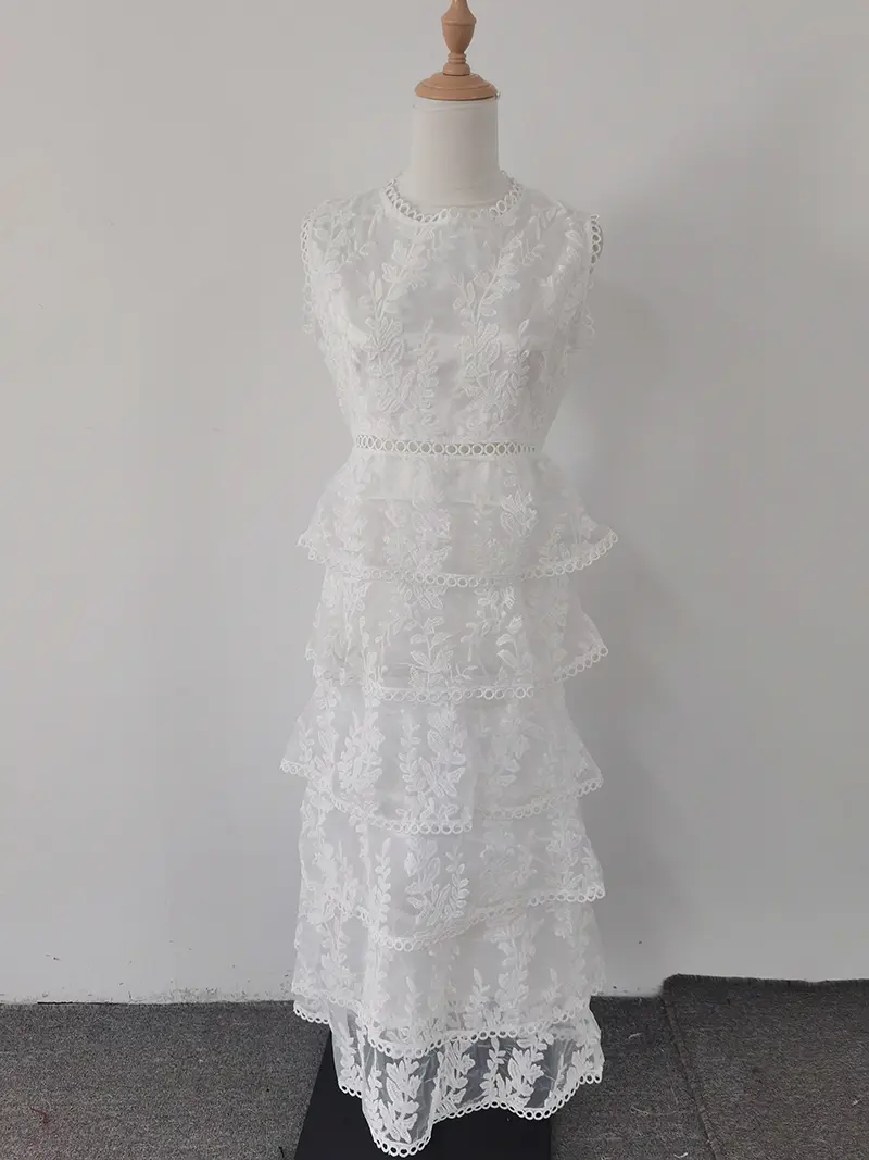 White Lace Embroidery Hollow Out Summer Long Dress for Women & Girls - Cute Layered Tulle Bridal Ball Gown Party Casual Wear
