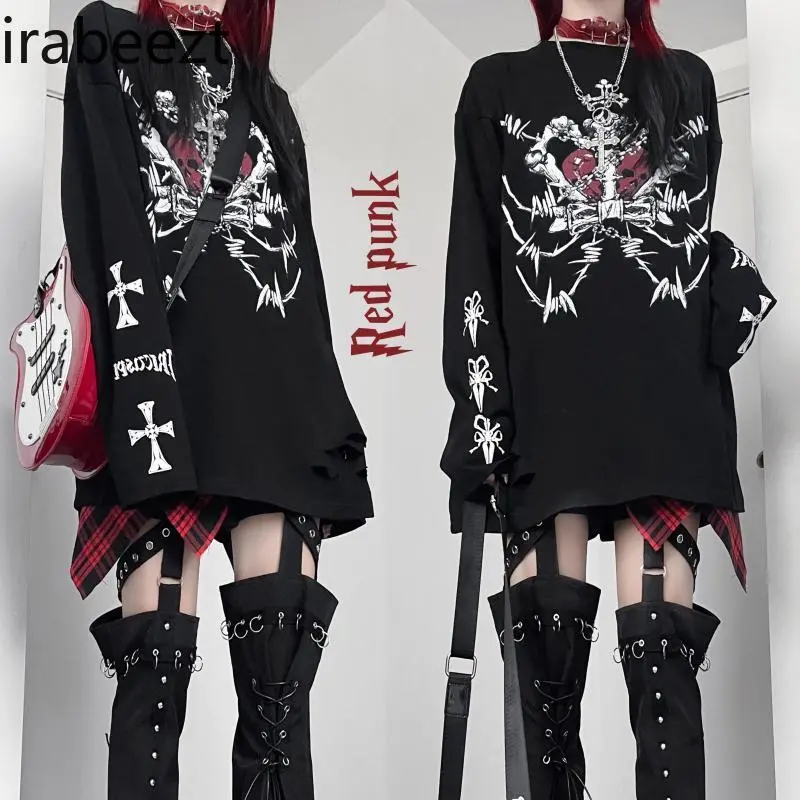 Skull Print Subculture Dark Punk Top Loose Bf Style Long Sleeve T-shirt Autumn Feminist Clothes Mainland China Футболка Смешная