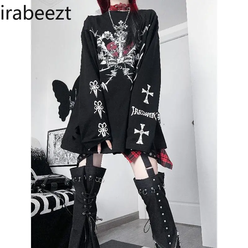 Skull Print Subculture Dark Punk Top Loose Bf Style Long Sleeve T-shirt Autumn Feminist Clothes Mainland China Футболка Смешная