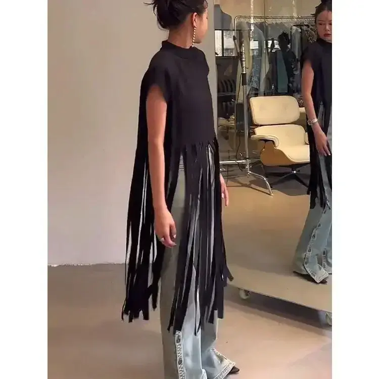Loose Fringe Short-sleeved T-shirt Top for Women 2025 Summer New Black Long Pullover Smock Mainland China Graphic T Shirts
