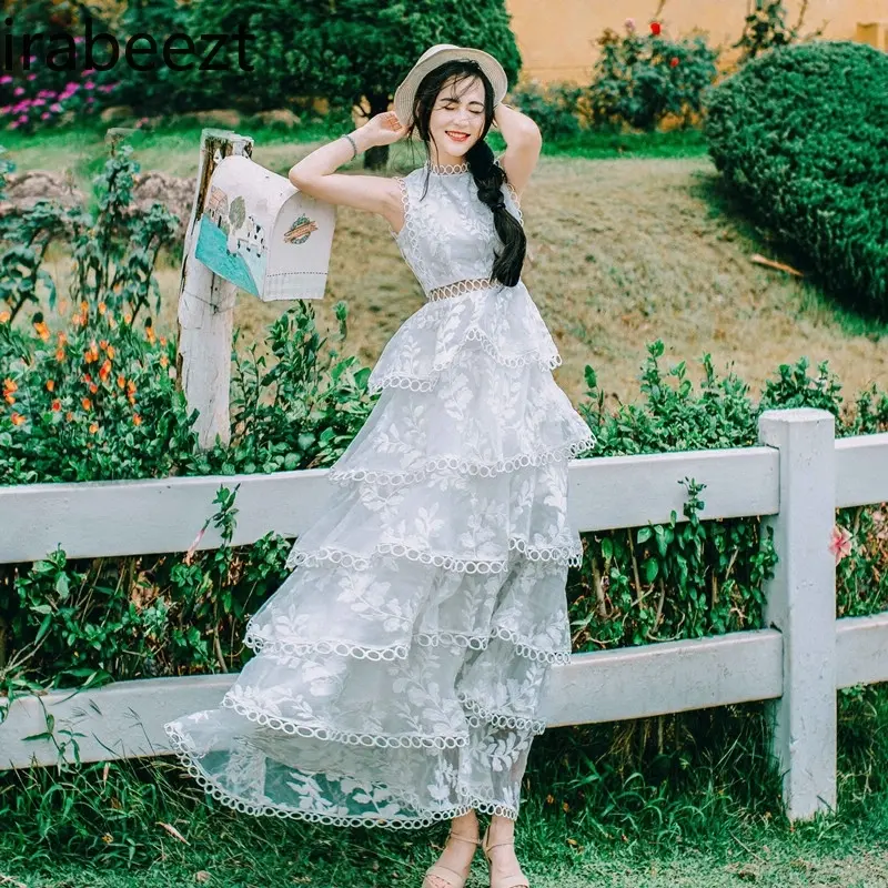 White Lace Embroidery Hollow Out Summer Long Dress for Women & Girls - Cute Layered Tulle Bridal Ball Gown Party Casual Wear