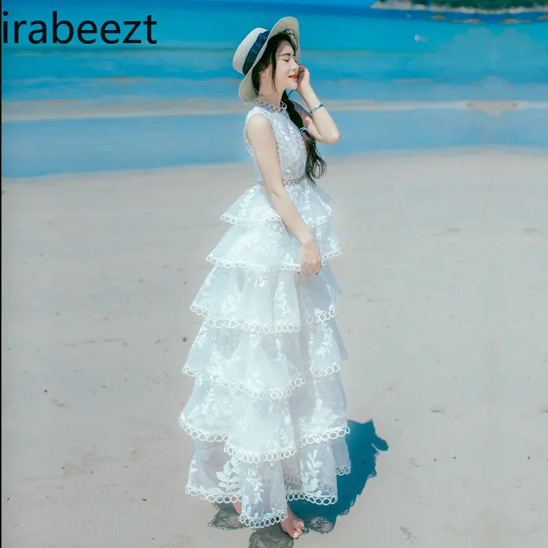 White Lace Embroidery Hollow Out Summer Long Dress for Women & Girls - Cute Layered Tulle Bridal Ball Gown Party Casual Wear