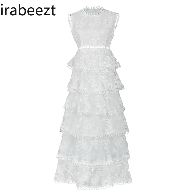 White Lace Embroidery Hollow Out Summer Long Dress for Women & Girls - Cute Layered Tulle Bridal Ball Gown Party Casual Wear