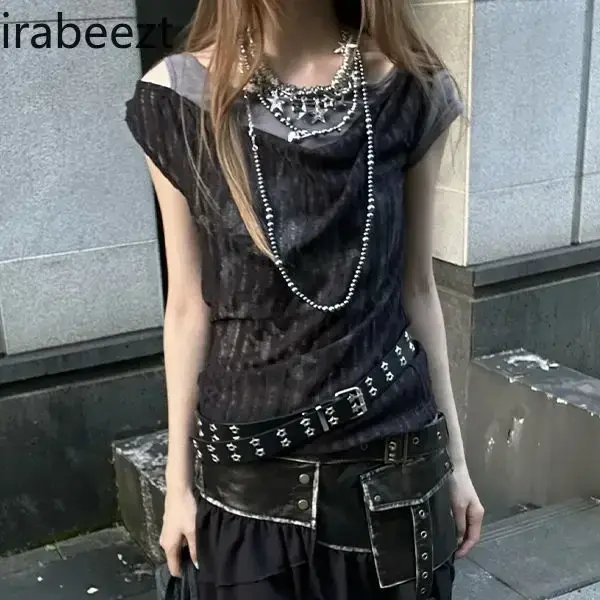Graffiti Printed T-shirt Women Asymmetrical Fake Two Tank Tops Short Sleeves American Retro Spice Slim-fit Shirts For Women