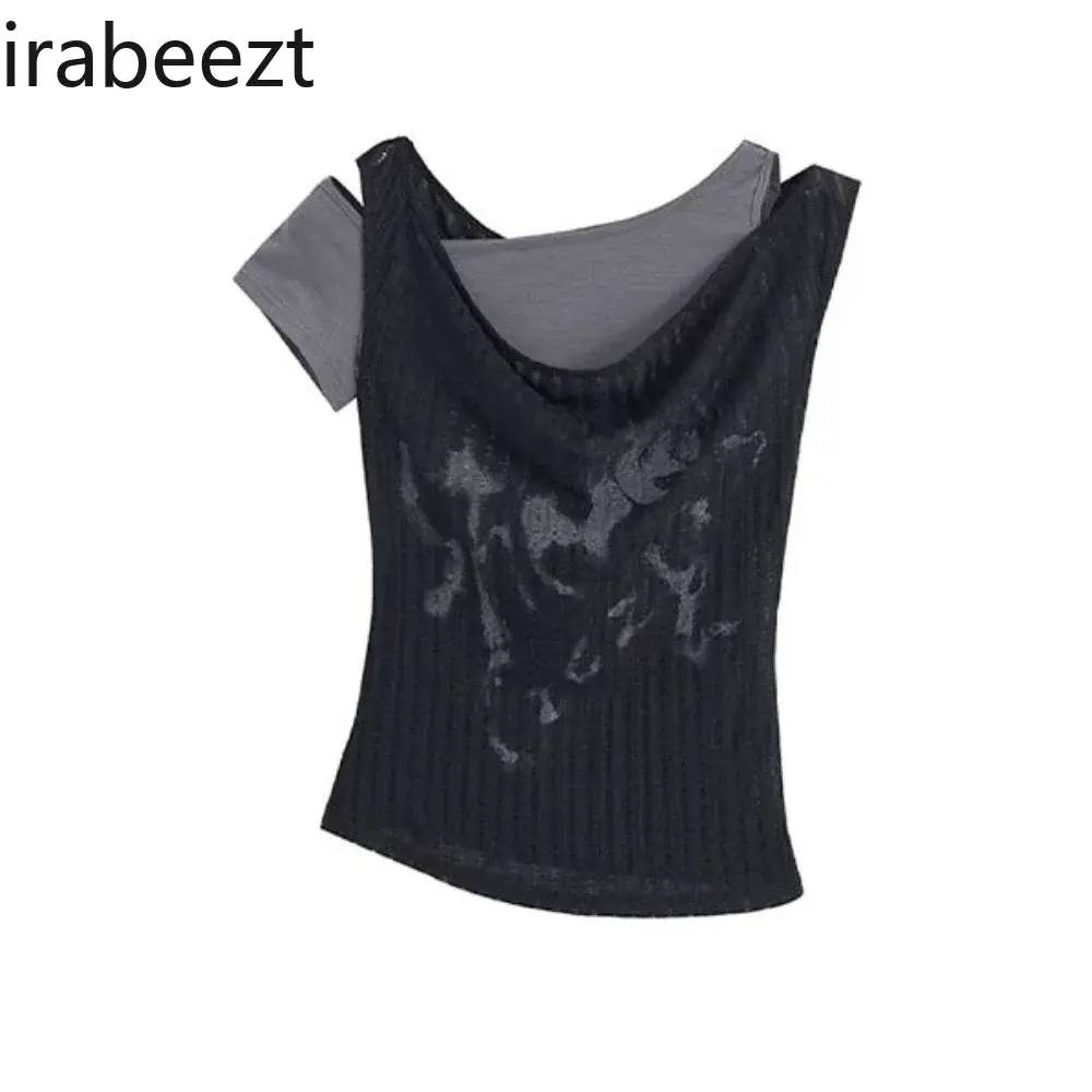 Graffiti Printed T-shirt Women Asymmetrical Fake Two Tank Tops Short Sleeves American Retro Spice Slim-fit Shirts For Women