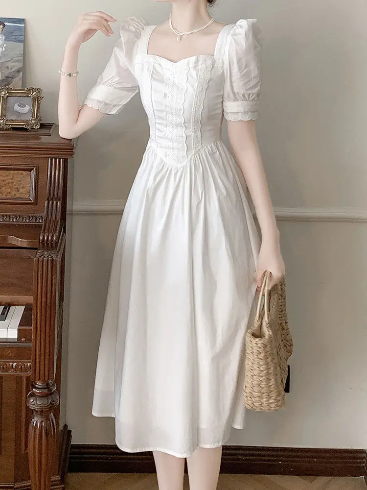 Elegant French Sweetheart Square Neck Bubble Sleeve Gown - Summer Princess Waist Slimming Midi Dress in Beige