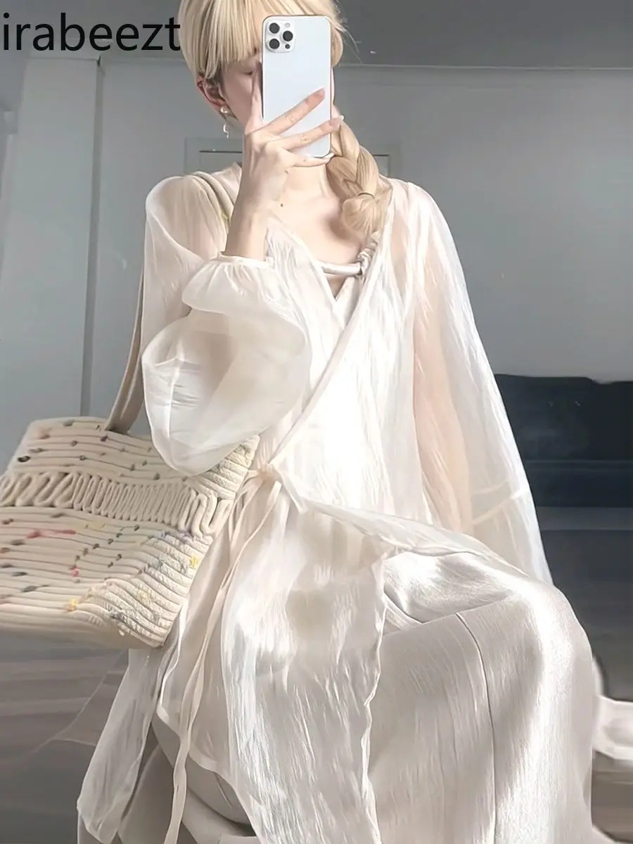 2023 Spring and Autumn Winter New Solid Color Loose Thin Long Sleeve Thin Micro Transparent Shirt Blouse Woman Summer Dress
