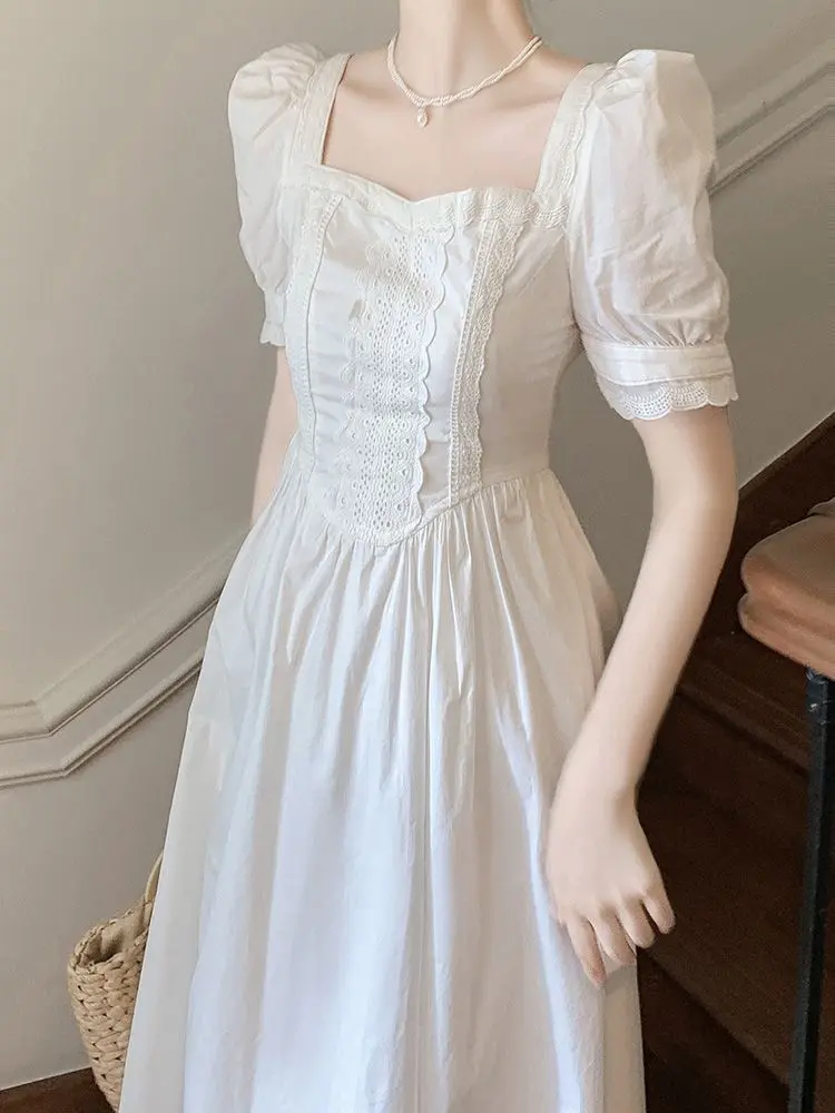 Elegant French Sweetheart Square Neck Bubble Sleeve Gown - Summer Princess Waist Slimming Midi Dress in Beige