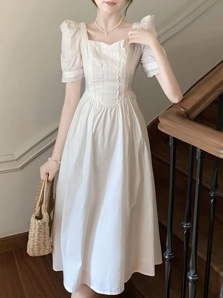 Elegant French Sweetheart Square Neck Bubble Sleeve Gown - Summer Princess Waist Slimming Midi Dress in Beige