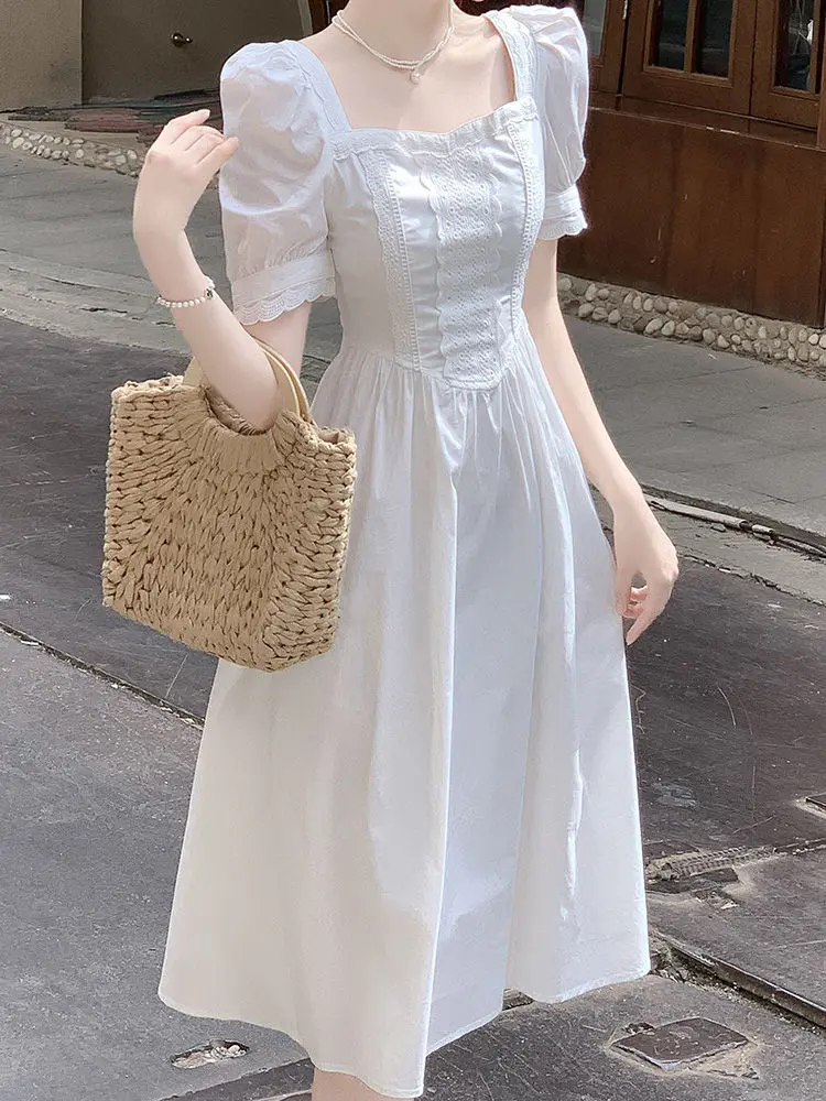 Elegant French Sweetheart Square Neck Bubble Sleeve Gown - Summer Princess Waist Slimming Midi Dress in Beige