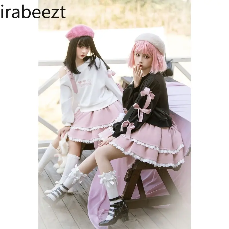 Women's Set Skew Collar Contrast Leather Shoulder Strap Embroidered Bow Top+Lace Spliced Cake Skirt Sweet Two Piece Lady Clothes