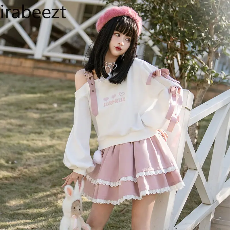 Women's Set Skew Collar Contrast Leather Shoulder Strap Embroidered Bow Top+Lace Spliced Cake Skirt Sweet Two Piece Lady Clothes