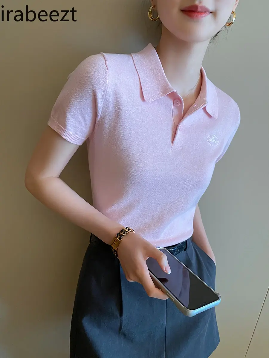 Pink Polo Knitted T-shirt Women Tops Short Sleeve Shirts 2025 New Spring Summer Shirt for Women Clothing